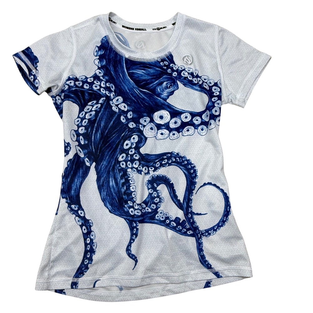 InknBurn Womens Octopus Graphic Athletic Running Shirt White Blue XS HF-000224